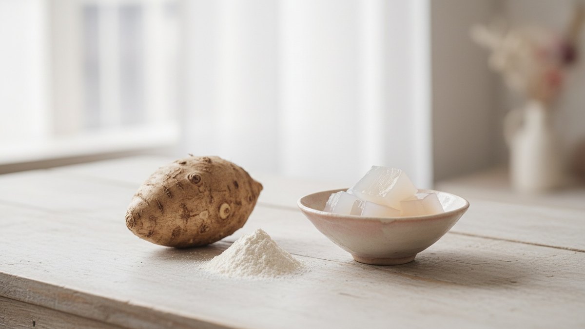 Tubercule de konjac et farine de konjac sur une table en bois