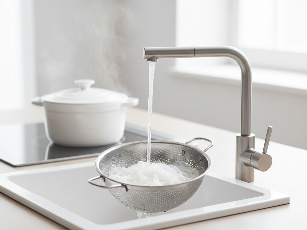 Nouilles shirataki de konjac rincées dans une passoire
