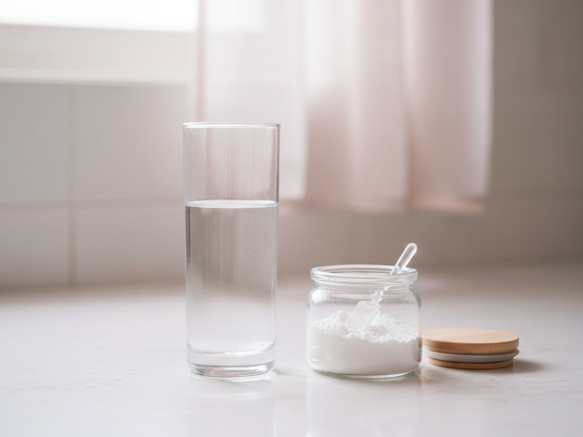 Verre d’eau à côté d’un pot de poudre de konjac