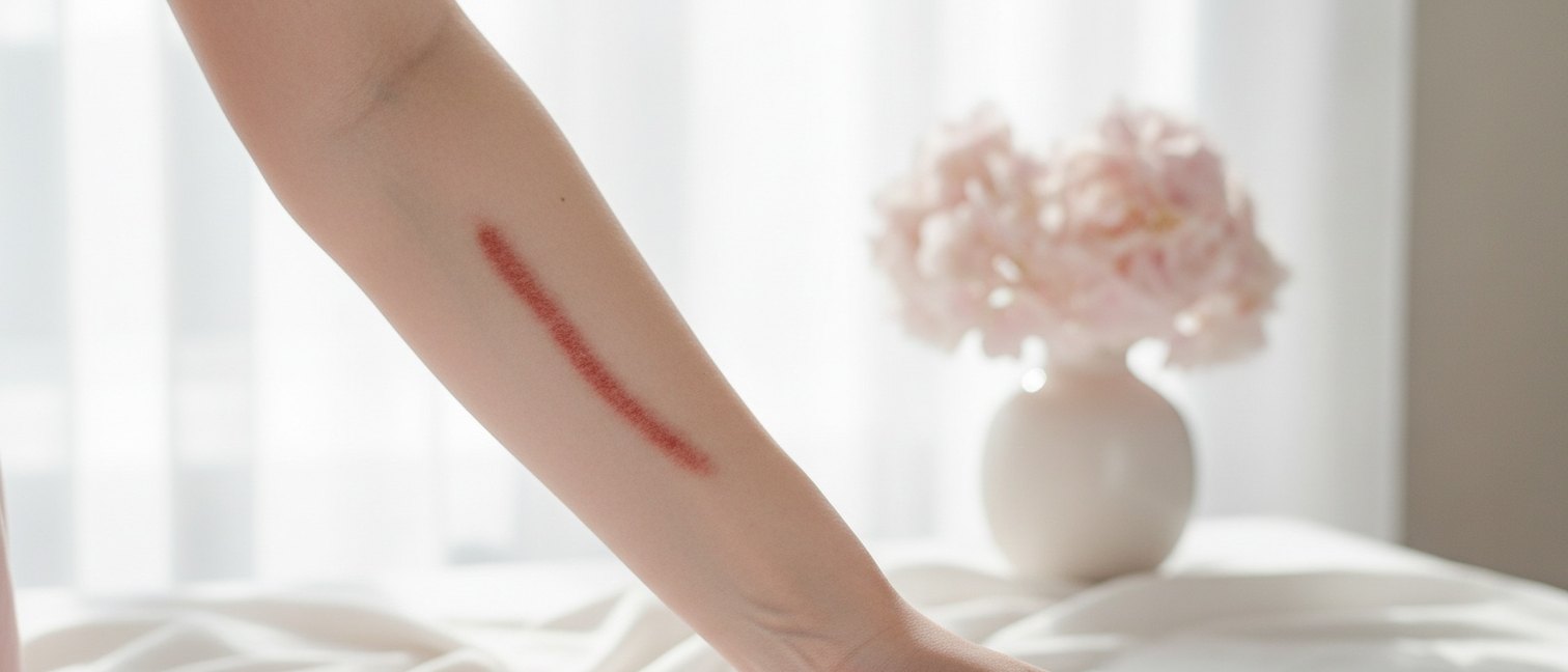 Cicatrice rouge sur un avant-bras en lumière naturelle