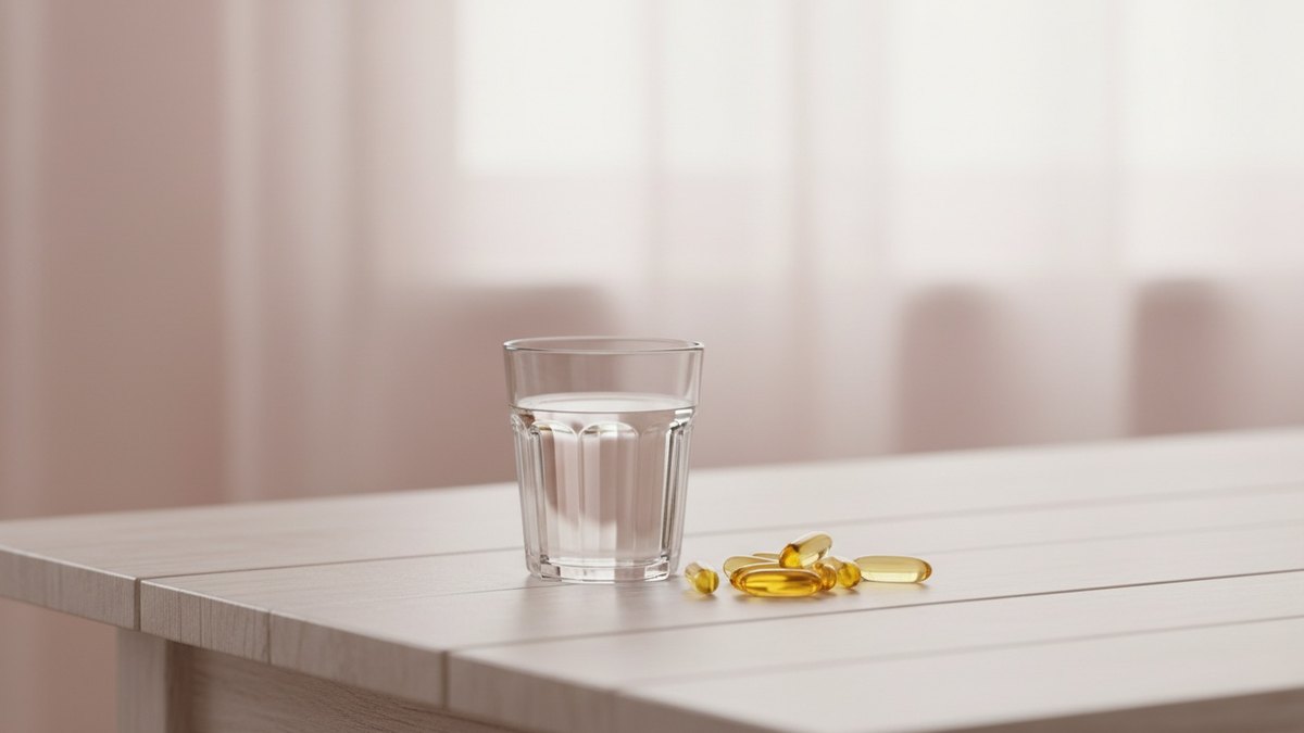 Gélules de vitamine D posées sur une table en bois à côté d'un verre d'eau