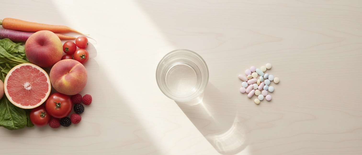 Table en bois avec des fruits et légumes frais d'un côté et des compléments alimentaires de l'autre
