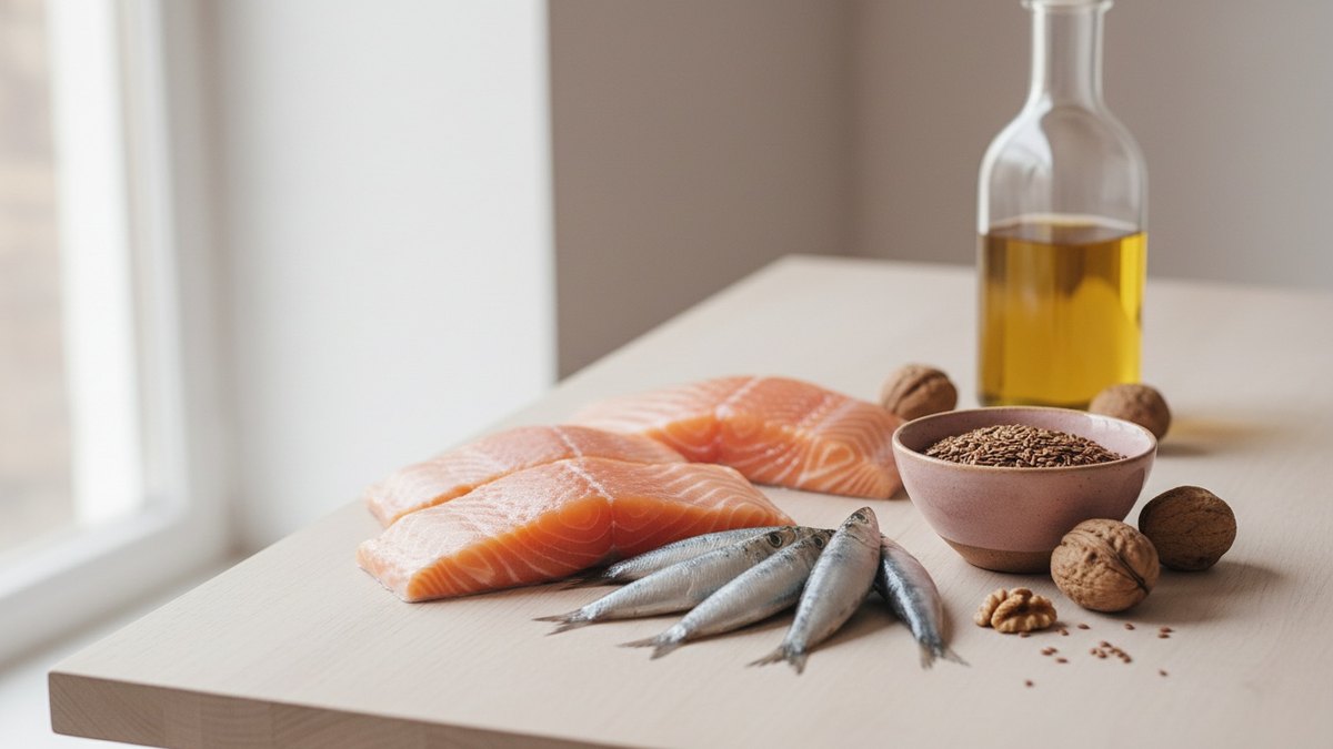 Poissons gras, noix, graines de lin et huile de colza sur une table en bois