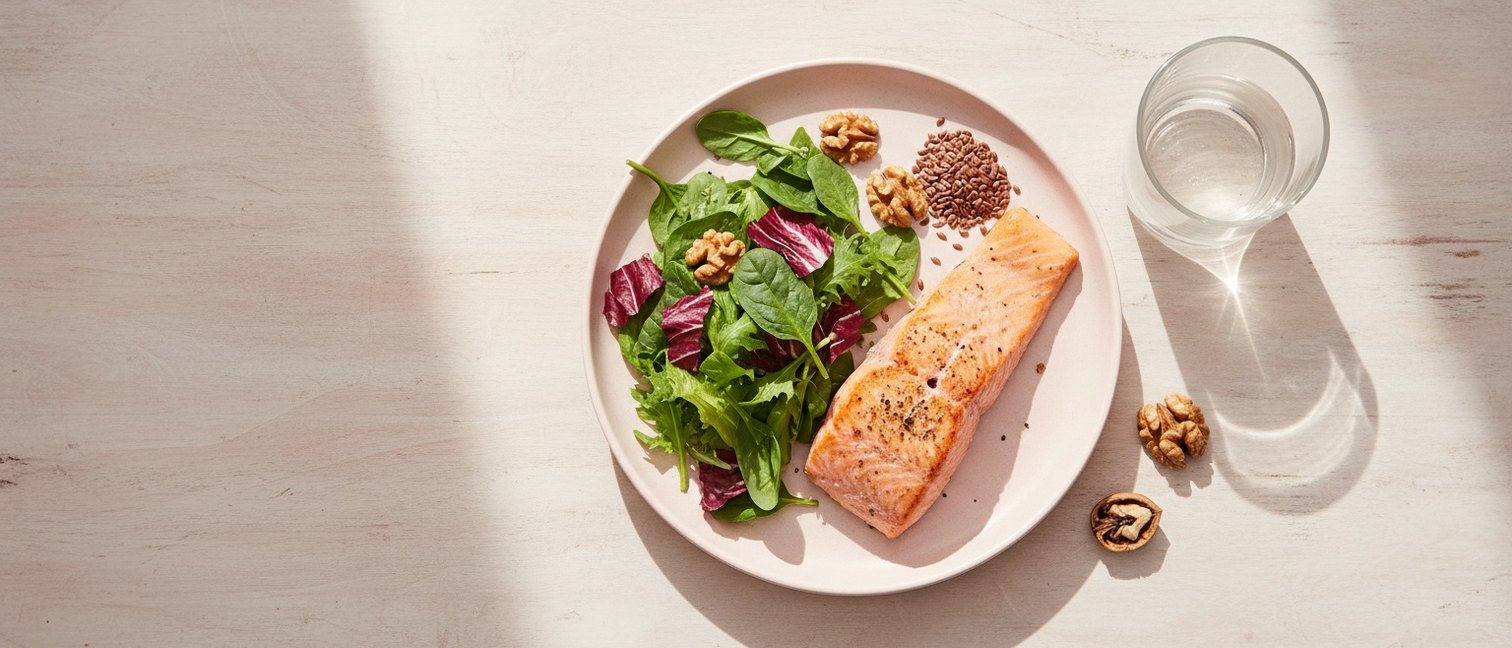 Repas riche en oméga-3 avec saumon, noix et légumes verts
