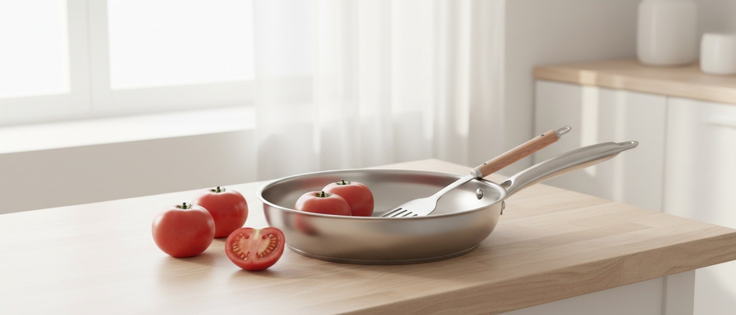Poêle en inox 18/10 sur un plan de travail en bois avec des tomates fraîches
